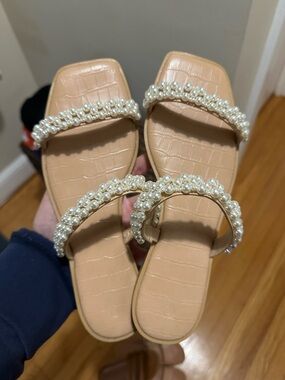 Pearl-Embellished Nude Slide Sandals
